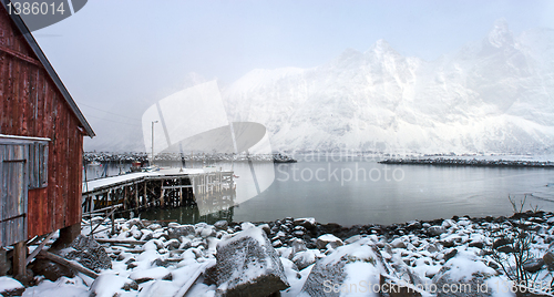 Image of Fjord and mountainous scenery in winter from Senja, North Norway