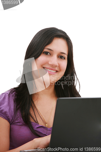 Image of Young businesswoman, secretary or student with laptop, isolated 