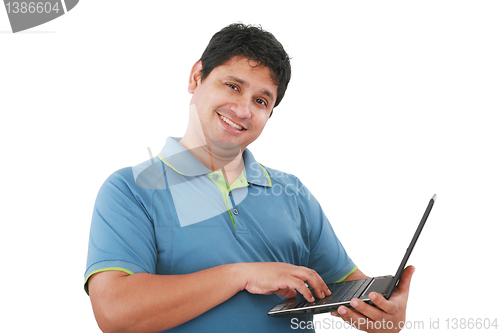 Image of Happy young man with laptop - isolated on white 