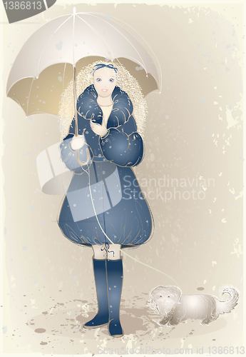 Image of The girl with an umbrella and a dogThe girl with an umbrella and a dog