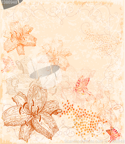 Image of sepia floral background with butterflies