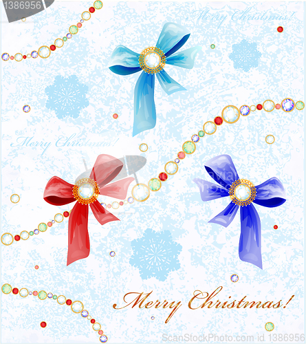 Image of Christmas background with diamonds, bows and snowflakes