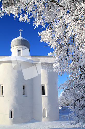 Image of orthodox christian church amongst white branches