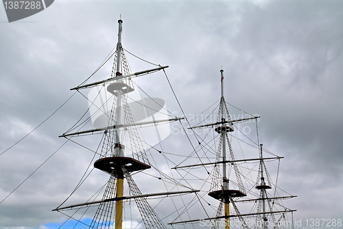 Image of ship masts on cloudy sky