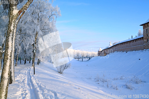 Image of track left by skis near kremlin wall