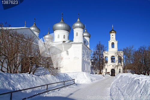 Image of christian orthodox male priory amongst snow