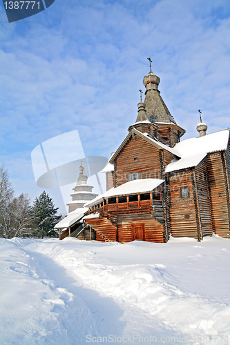 Image of wooden chapel in winter village