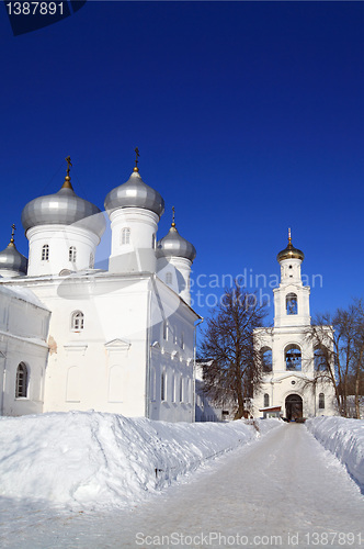 Image of christian orthodox male priory amongst snow