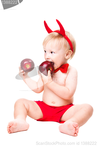 Image of kid in red suit of tempting devil 