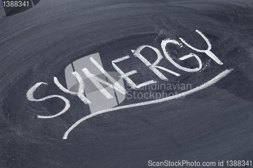 Image of synergy word on blackboard