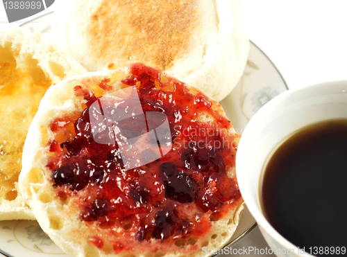 Image of english muffins with jelly and coffee