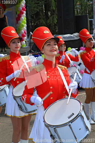 Image of Staraya Russa, Russia - July 9: Young drummer girls at the parad