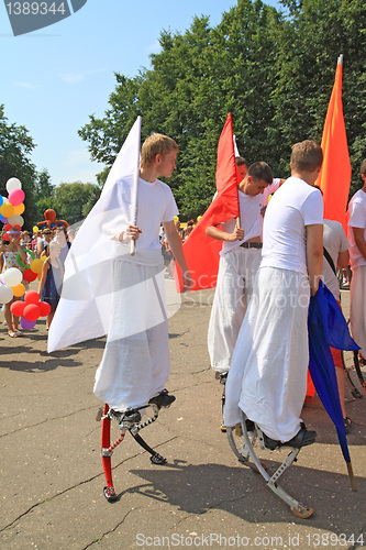 Image of Staraya Russa, Russia - July 9: Unknown men on stilt at the para