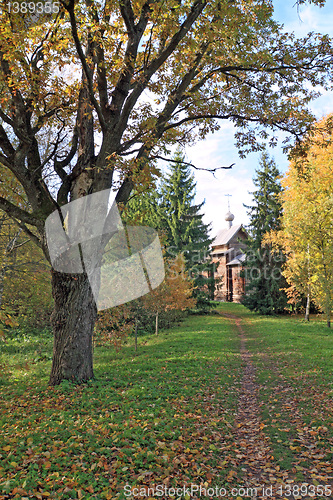 Image of wooden chapel in autumn wood