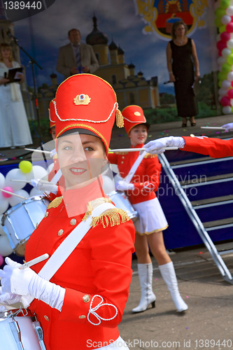 Image of Staraya Russa, Russia - July 9: Young drummer girl at the parade