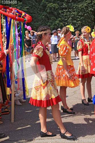 Image of Staraya Russa, Russia - July 9: Unknown girls on street of the c