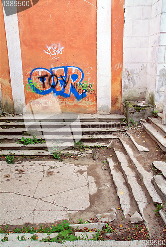 Image of aging stairway in destroyed house