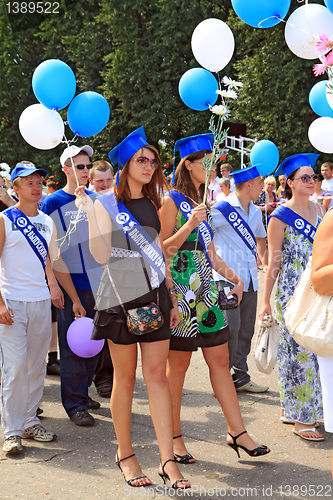 Image of Staraya Russa, Russia - July 9: Unknown girls on street of the c