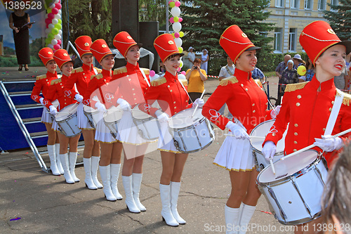 Image of Staraya Russa, Russia - July 9: Young drummer girls at the parad