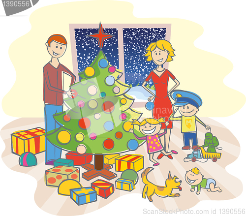 Image of happy family dressing up the christmas tree