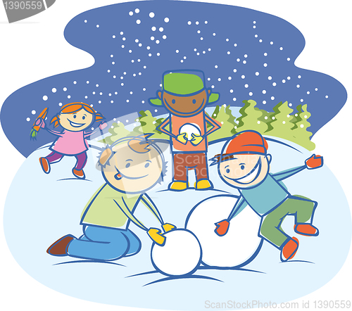 Image of kids making a snow man isolated