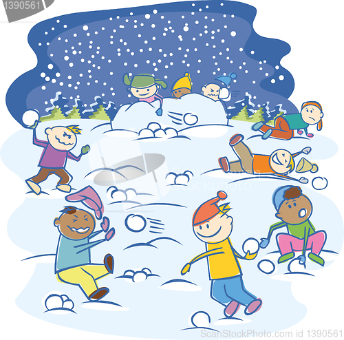 Image of kids playing snowballs isolated