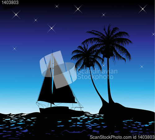 Image of Summer background with palm trees and a yacht