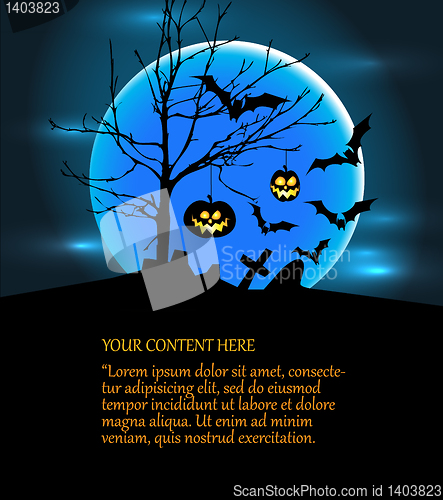 Image of Halloween illustration with pumpkins, bats and big moon