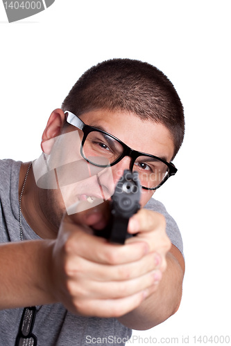 Image of Teenage Boy Pointing a Gun and Yelling