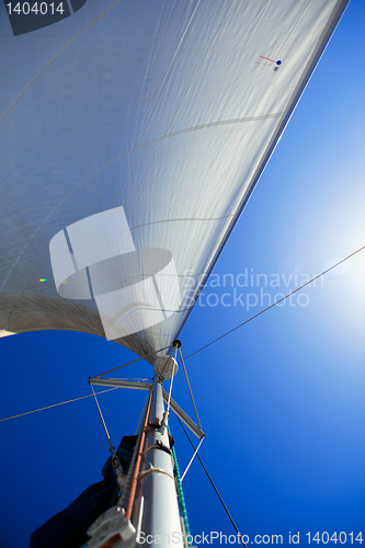 Image of Looking up at sails and mast of boat / yachting