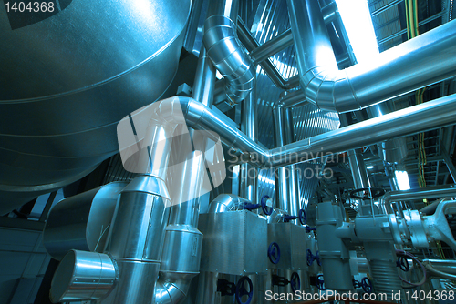 Image of Industrial zone, Steel pipelines in blue tones