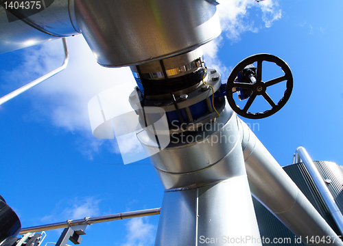 Image of Industrial zone, Steel pipelines in blue tones