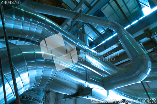 Image of Industrial zone, Steel pipelines in blue tones