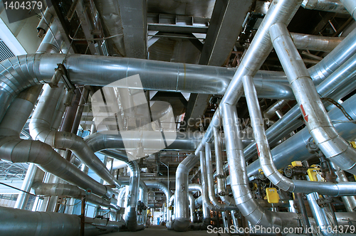 Image of Industrial zone, Steel pipelines in blue tones