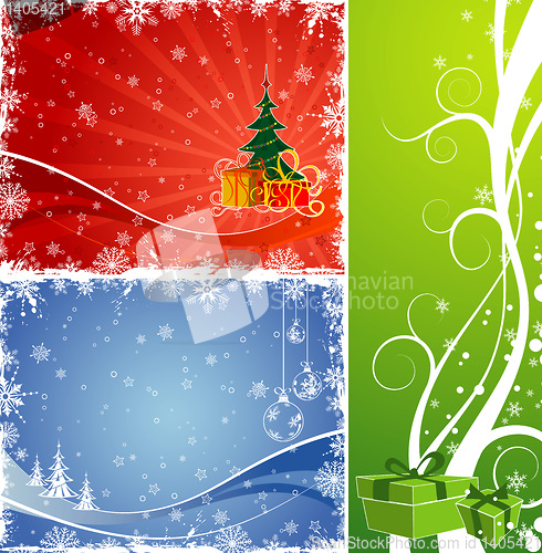 Image of Three Christmas background with Christmas tree & gift