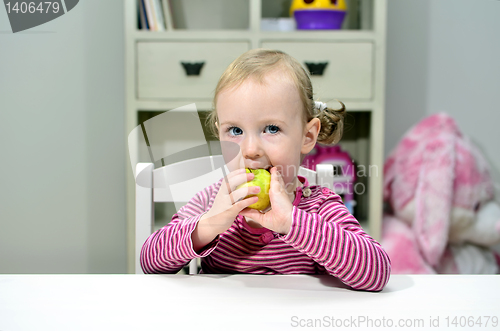 Image of little girl eating green apple