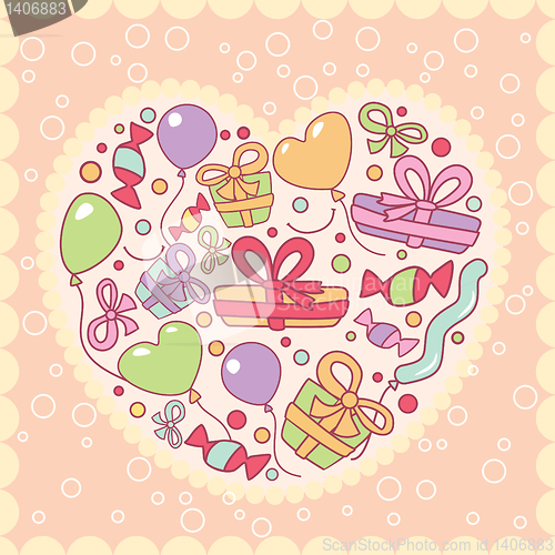 Image of gifts, balloons in heart