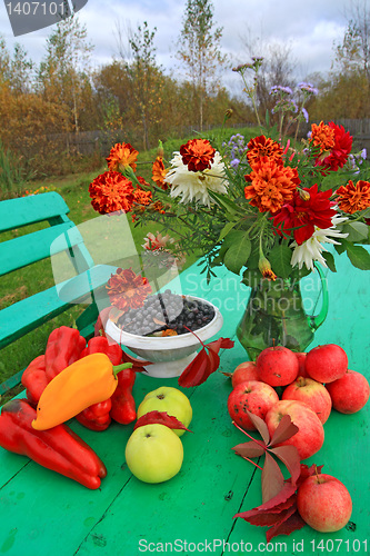 Image of autumn still life on green table