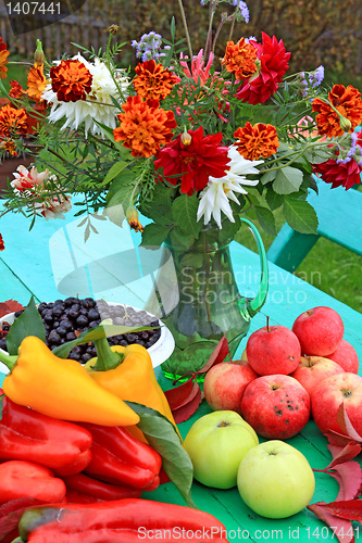 Image of autumn still life on green table