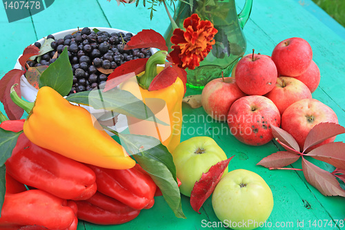 Image of autumn still life on green table