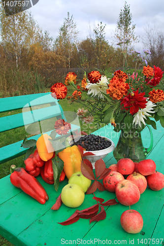 Image of autumn still life on green table