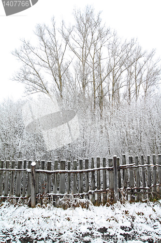 Image of old gray fence in snow