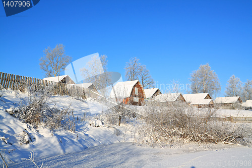 Image of village is on coast to freeze river 