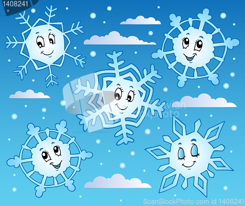 Image of Snowy sky with cartoon snowflakes 1