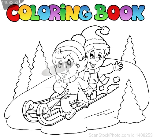 Image of Coloring book two kids on sledge