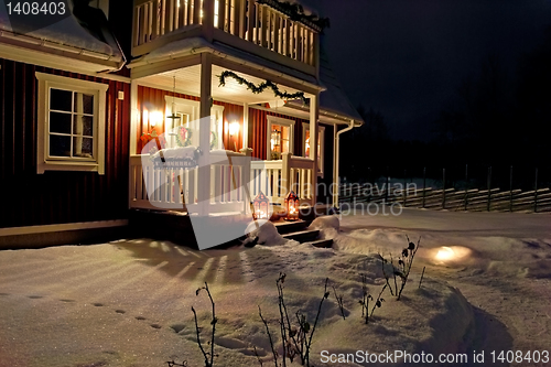 Image of Traditional swedish house, decorated for Christmas