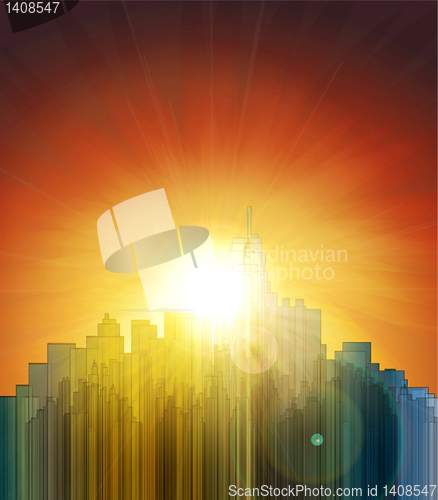 Image of Sunset over the big city. Abstract background. Design a poster.