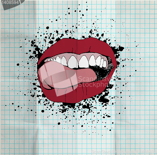 Image of Sketch of the lips and teeth on the school paper. Grunge backgro