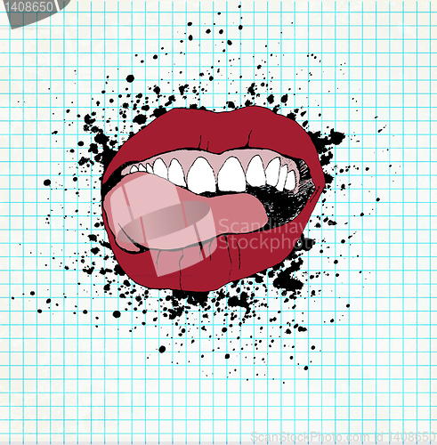 Image of Fully open mouth with teeth and tongue and licking his lips. On 