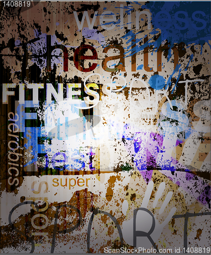 Image of FITNESS. Word Grunge collage on background.